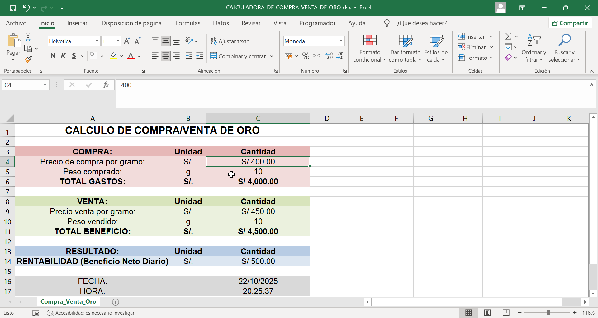 excel calculadora oro compra venta